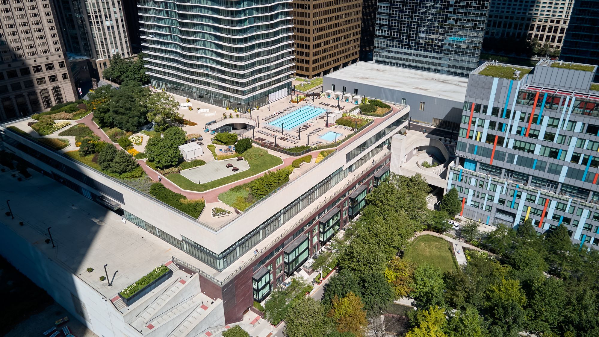 Rooftop pool deck from the air