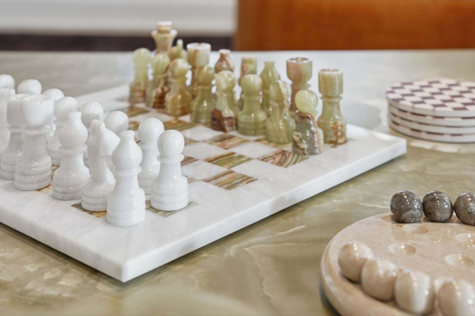 Marble chess set on a table